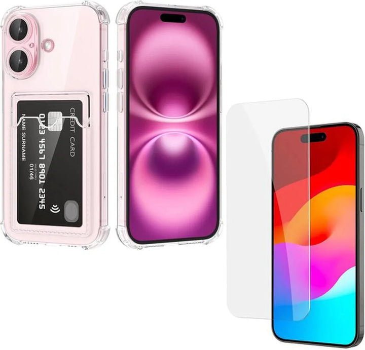 iPhone 16 Hoesjes – TPU Backcover + Screenprotector – Schokbestendig – Pasjeshouder – Transparant-Ilumina Benelux