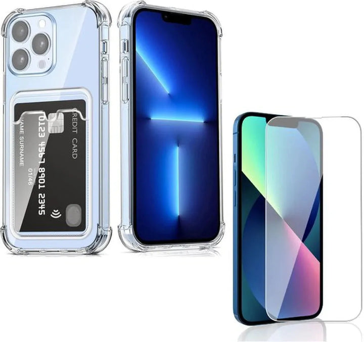 iPhone 13 Hoesjes – Schokbestendige TPU Backcover – Pasjeshouder – Inclusief Screenprotector – Transparant-Ilumina Benelux