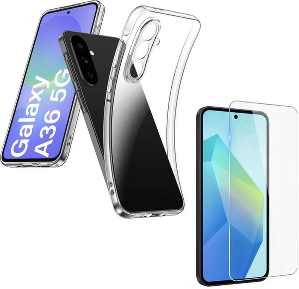 Samsung Galaxy A36 Hoesjes – Transparante Siliconen Backcover – 2 Pack Screenprotector – Gehard Glas-Ilumina Benelux