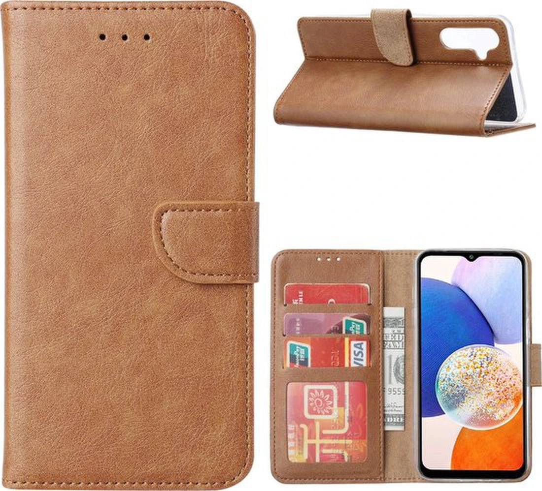 Samsung Galaxy A06 Hoesjes – Portemonnee Book Case – Magneetsluiting – 2x Gehard Glas Screenprotector – Lichtbruin