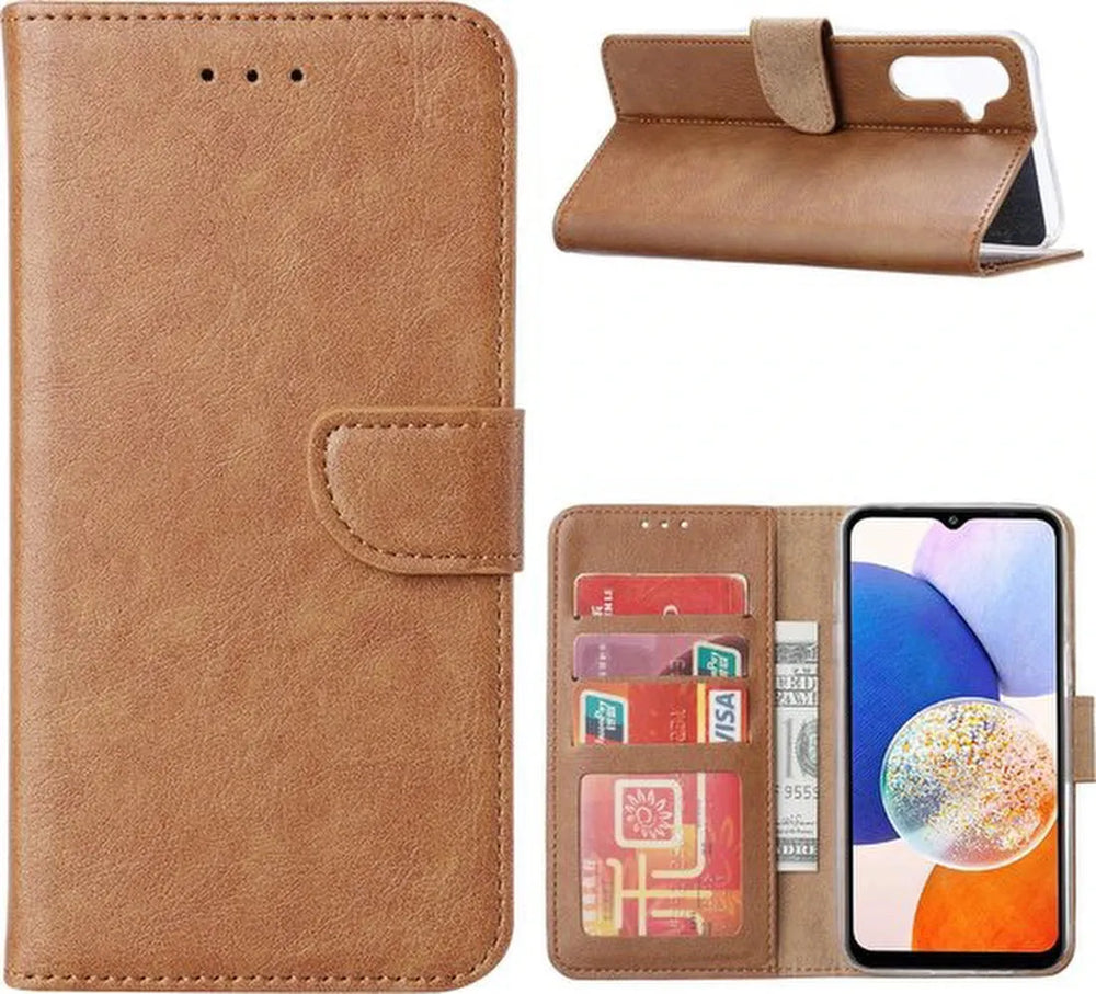 Samsung Galaxy A06 Hoesjes – Portemonnee Book Case – Magneetsluiting – 2x Gehard Glas Screenprotector – Lichtbruin-Ilumina Benelux