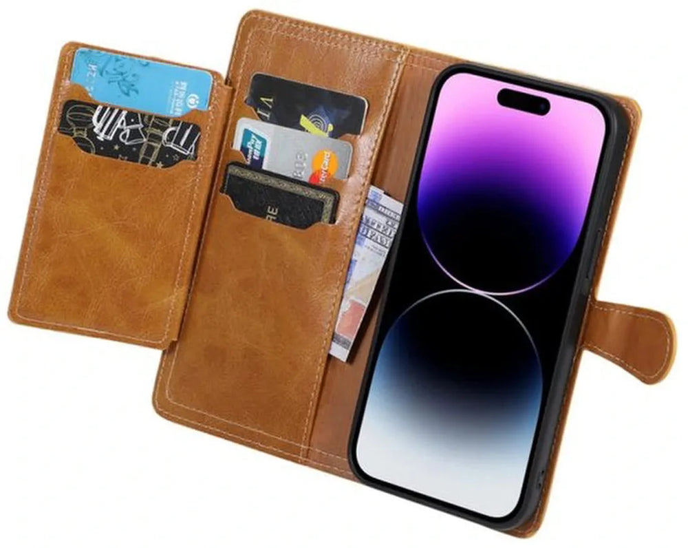 iPhone 12 Hoesjes – Vintage Portemonnee Hoes – Pasjeshouder – Magneetsluiting – Lichtbruin-Ilumina Benelux