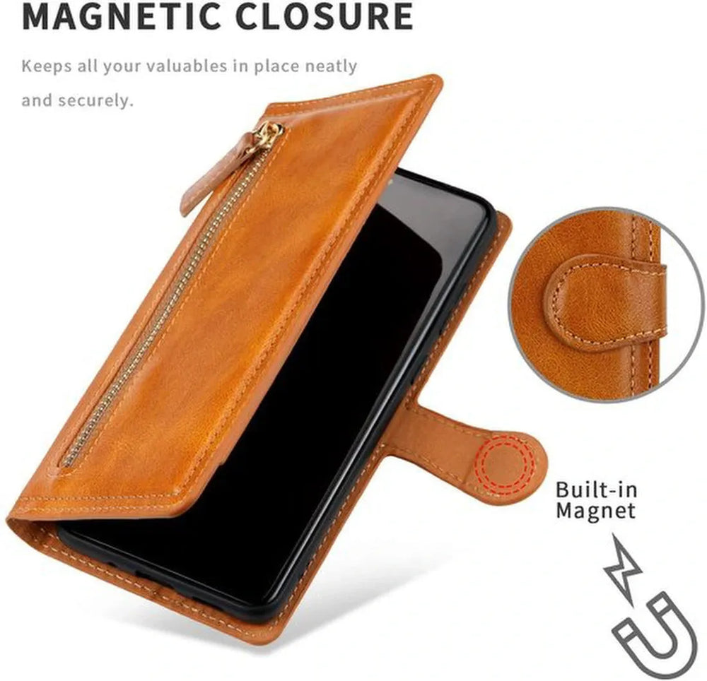 Samsung Galaxy S21 FE Hoesjes – Vintage Portemonnee Hoes – Pasjeshouder – Magneetsluiting – Lichtbruin-Ilumina Benelux