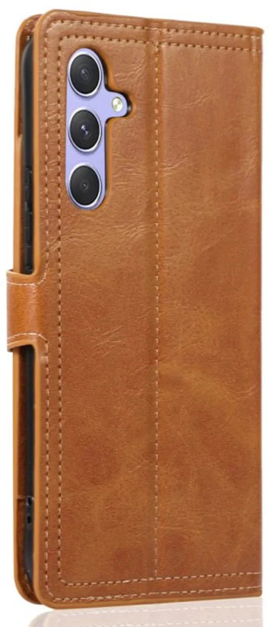 Samsung Galaxy A25 Hoesjes – Vintage Portemonnee Hoes – Pasjeshouder – Magneetsluiting – Lichtbruin-Ilumina Benelux