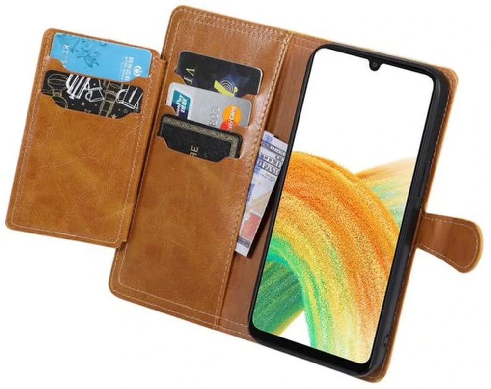 Samsung Galaxy A15 Hoesjes – Vintage Portemonnee Hoes – Pasjeshouder – Magneetsluiting – Lichtbruin-Ilumina Benelux