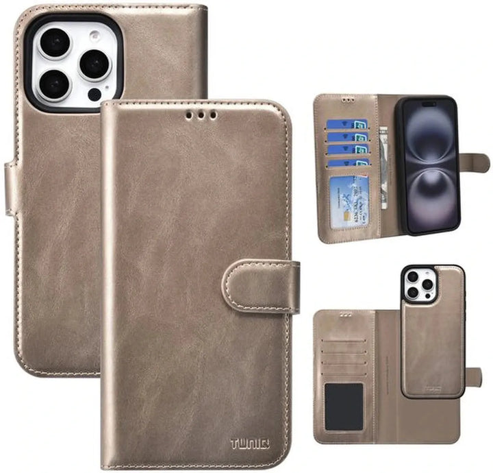 iPhone 16 Pro Hoesjes – 2-in-1 Portemonnee Case – Magnetisch Afneembaar – Magneetsluiting – Goud-Ilumina Benelux