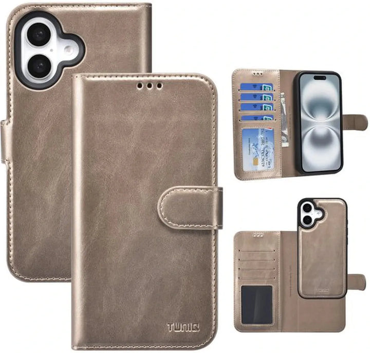 iPhone 16 Hoesjes – 2-in-1 Portemonnee Case – Magnetisch Afneembaar – Magneetsluiting – Goud-Ilumina Benelux