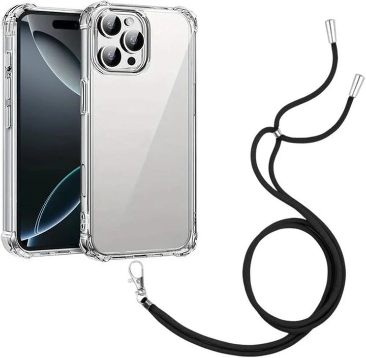 iPhone 16 Pro Max Hoesjes – Transparante Backcover – Schokbestendig – Nekkoord Koord – Zwart-Ilumina Benelux