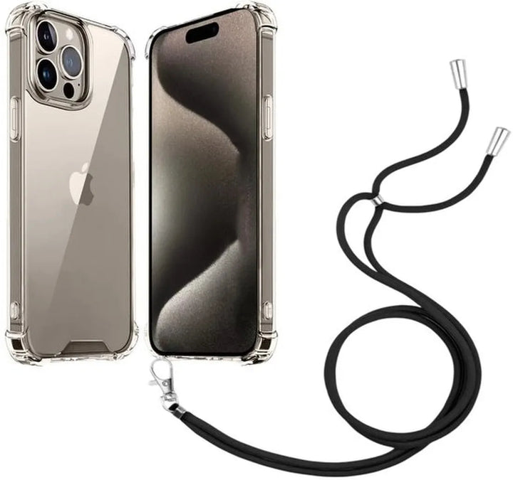 iPhone 15 Pro Max Hoesjes – Transparante Backcover – Schokbestendig – Nekkoord Koord – Zwart-Ilumina Benelux