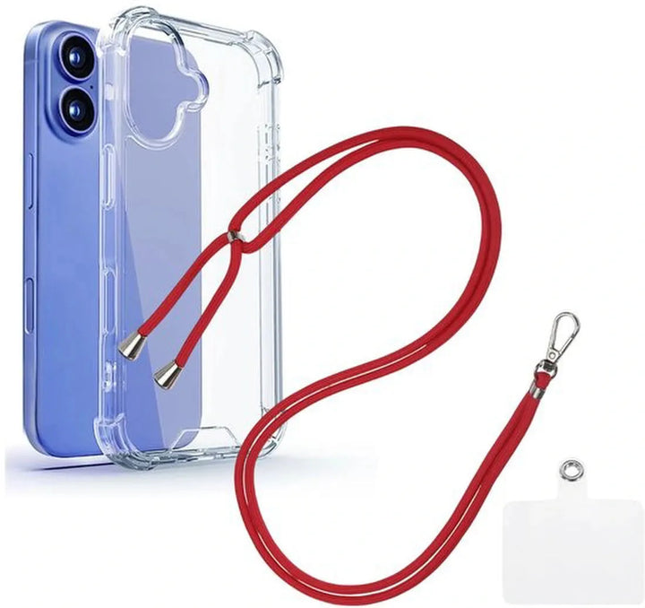 iPhone 16 Hoesjes – Transparante Backcover – Schokbestendig – Nekkoord Koord – Rood-Ilumina Benelux