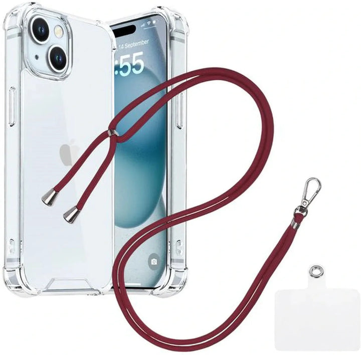 iPhone 15 Hoesjes – Transparante Backcover – Schokbestendig – Nekkoord Koord – Bordeaux-Ilumina Benelux
