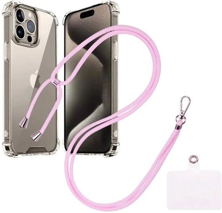iPhone 15 Pro Max Hoesjes – Transparante Backcover – Schokbestendig – Nekkoord Koord – Lichtroze-Ilumina Benelux