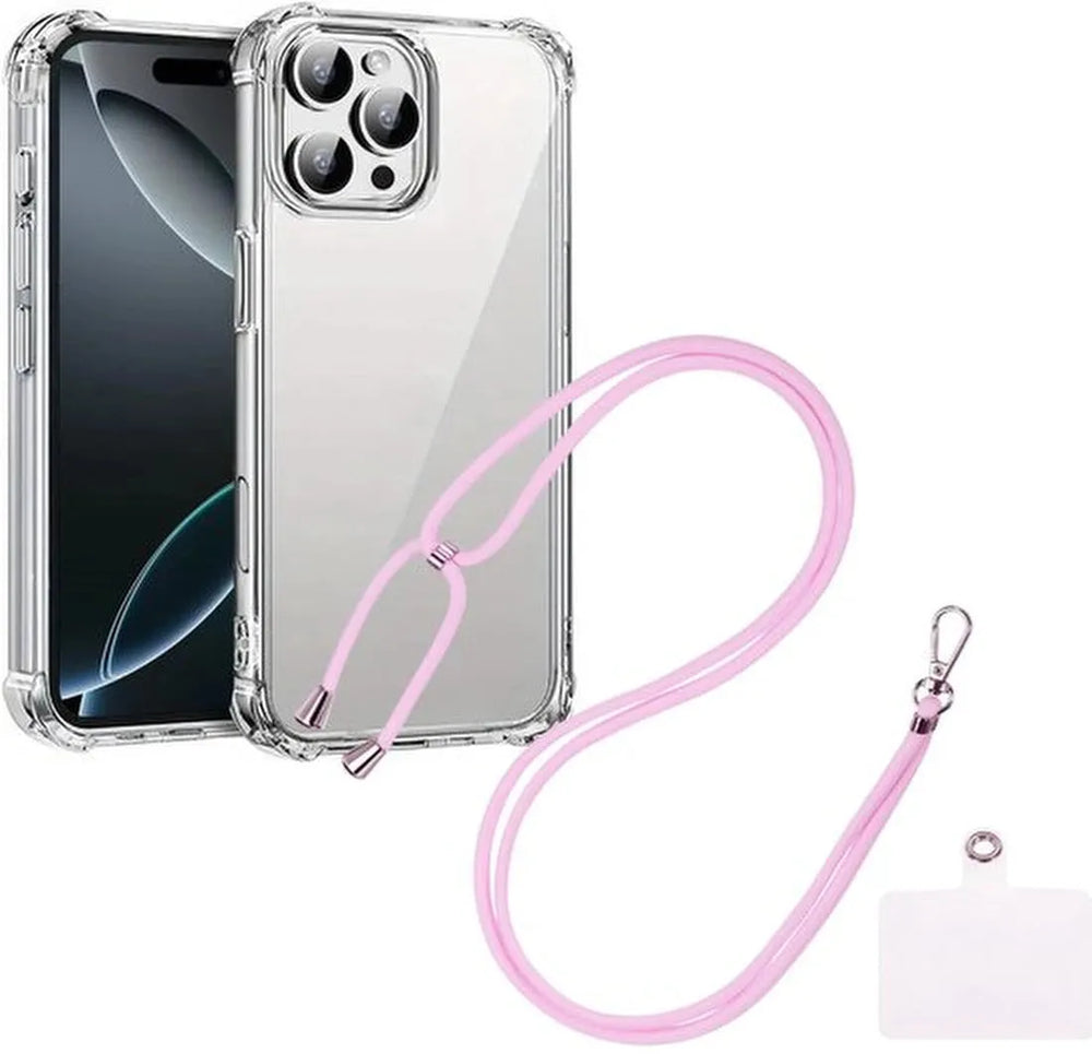 iPhone 16 Pro Hoesjes – Transparante Backcover met Koord – Schokbestendig – Nekhanger – Lichtroze-Ilumina Benelux