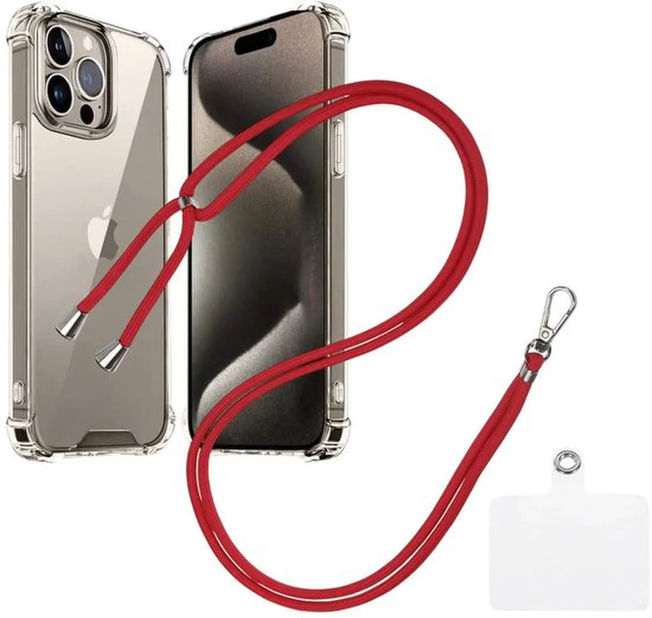 iPhone 15 Pro Max Hoesjes – Transparante Backcover – Schokbestendig – Nekkoord Koord – Rood-Ilumina Benelux