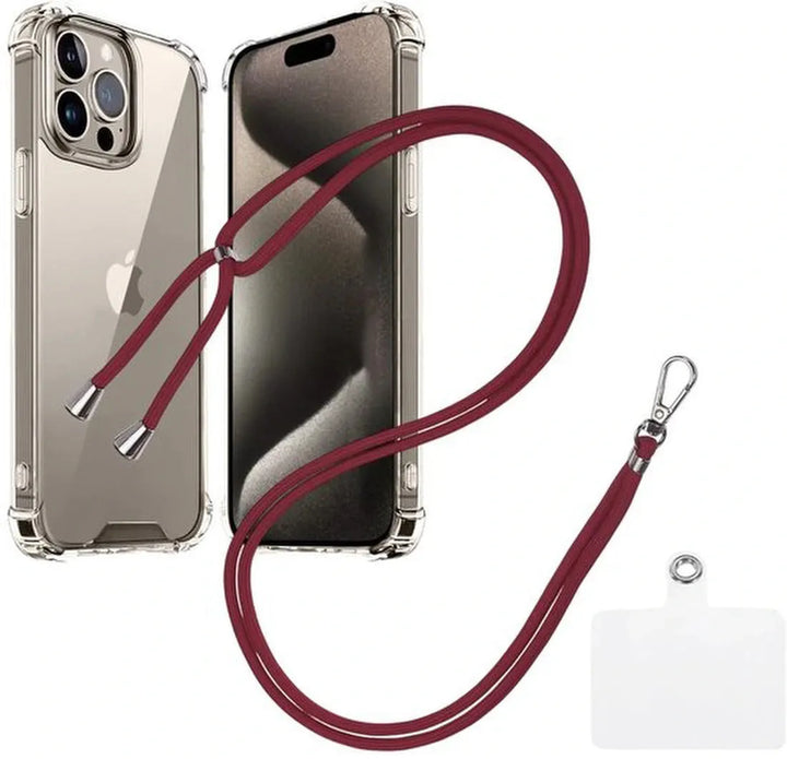 iPhone 15 Pro Max Hoesjes – Transparante Backcover – Schokbestendig – Nekkoord Koord – Bordeaux-Ilumina Benelux