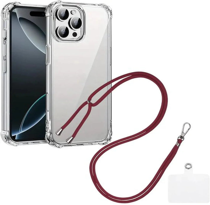 iPhone 16 Pro Hoesjes – Transparante Backcover – Schokbestendig – Nekkoord Koord – Bordeaux-Ilumina Benelux