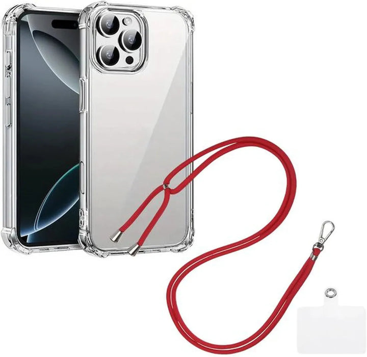 iPhone 16 Pro Hoesjes – Transparante Backcover – Schokbestendig – Nekkoord Koord – Rood-Ilumina Benelux