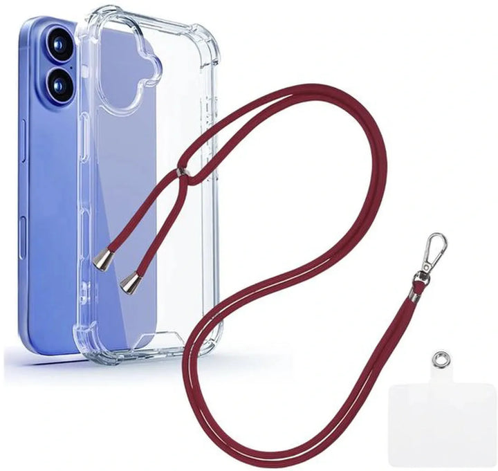 iPhone 16 Hoesjes – Transparante Backcover – Schokbestendig – Nekkoord Koord – Bordeaux-Ilumina Benelux