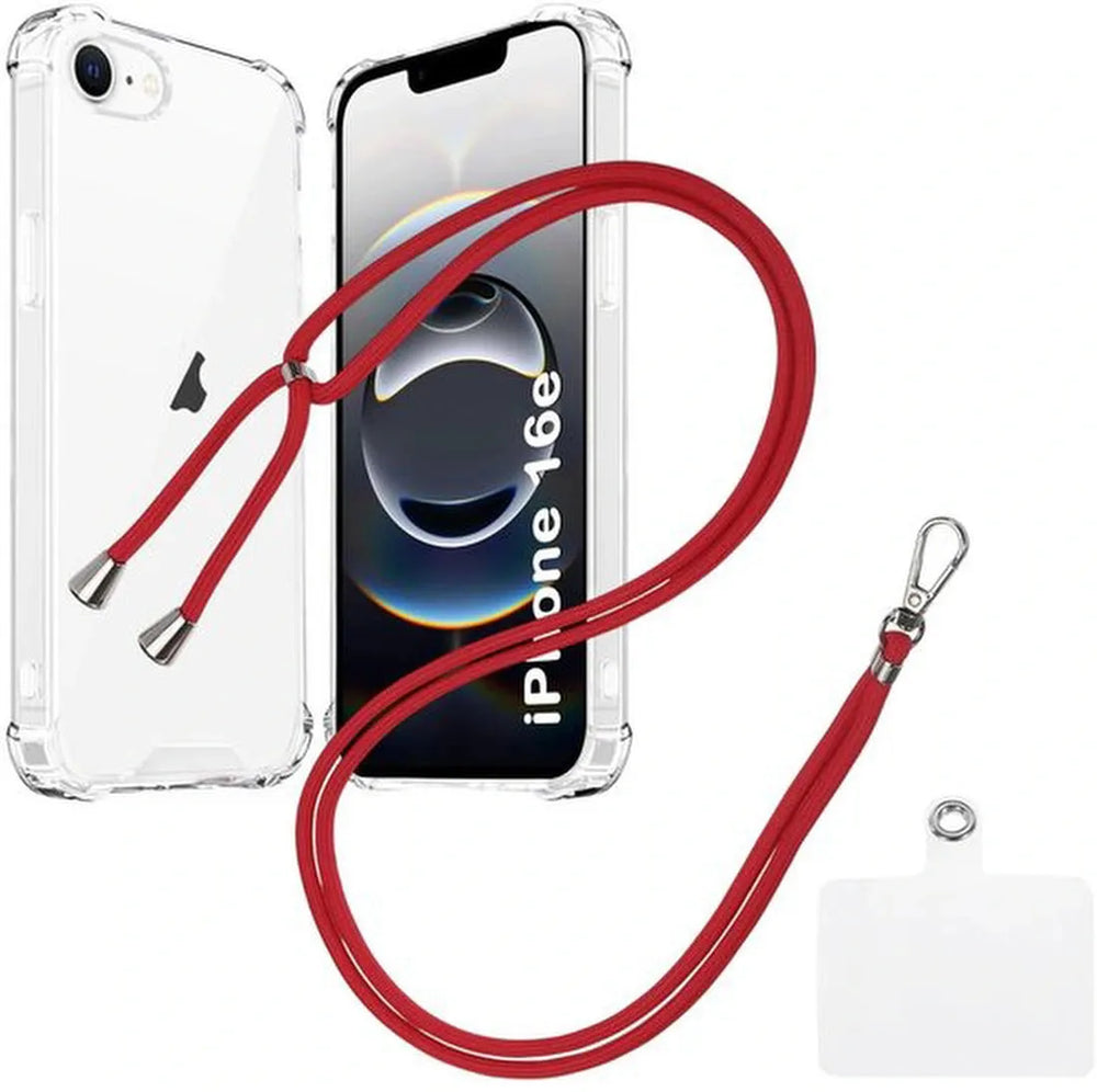 iPhone 16E Hoesjes – Transparante Backcover met Koord – Schokbestendig – Nekhanger – Rood-Ilumina Benelux