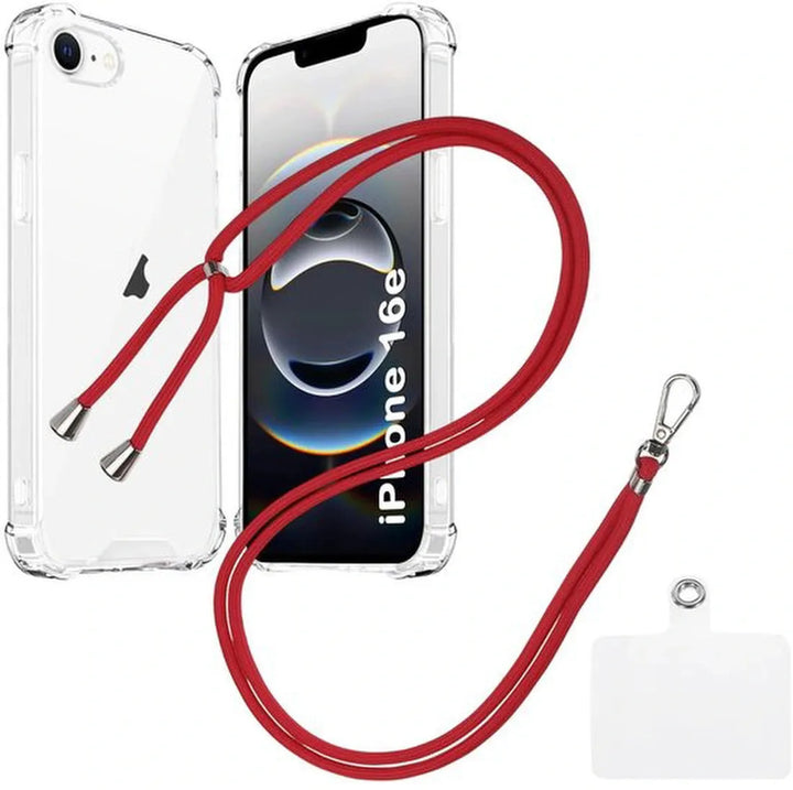 iPhone 16E Hoesjes – Transparante Backcover met Koord – Schokbestendig – Nekhanger – Rood-Ilumina Benelux