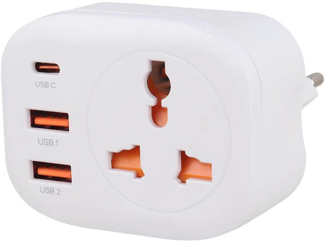 Ar202 EU stopcontact reisadapter - 2 USB-A & USB-C poorten - wit