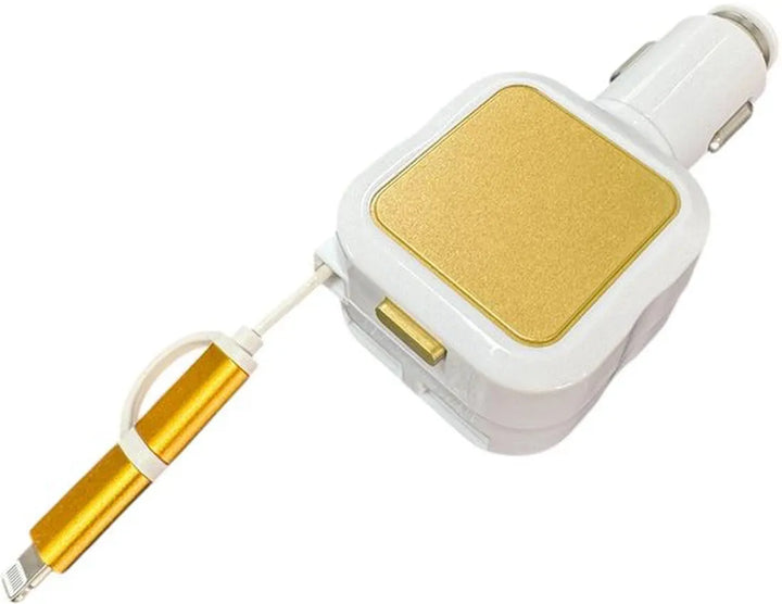 Auto oplader – Intrekbare Micro-USB & Lightning kabel – Dubbele USB-poorten – Snelladen – Goud-Oplader-Ilumina Benelux