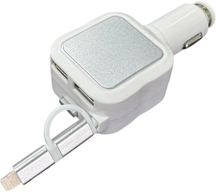 Auto oplader – Intrekbare Micro-USB & Lightning kabel – Dubbele USB-poorten – Snelladen – Zilver-Oplader-Ilumina Benelux