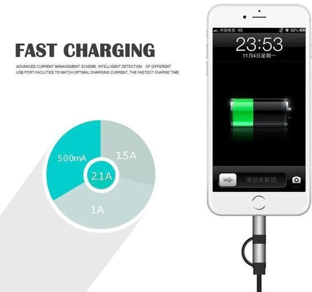 Auto oplader – Intrekbare Micro-USB & Lightning kabel – Dubbele USB-poorten – Snelladen – Zilver-Oplader-Ilumina Benelux