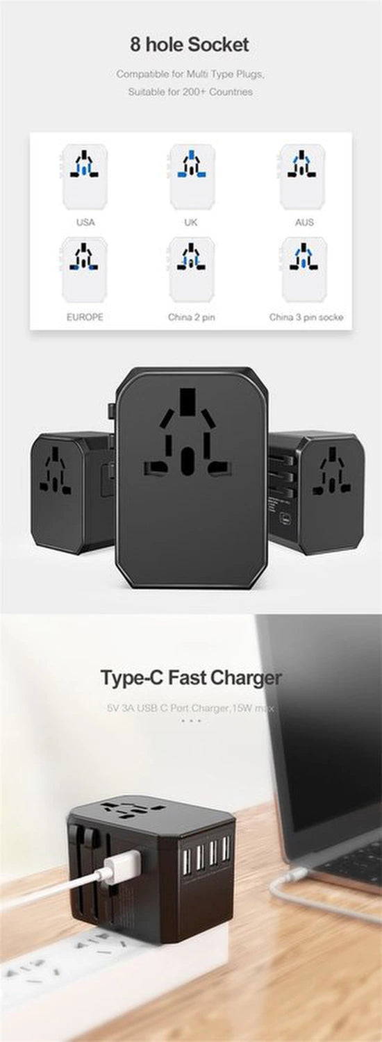 Ar202 Universele Wereldstekker - reisadapter UK/EU/US/AUS - 4 USB + USB-C