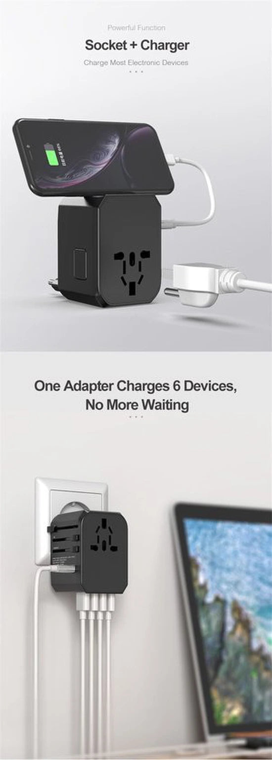 Ar202 Universele Wereldstekker - reisadapter UK/EU/US/AUS - 4 USB + USB-C