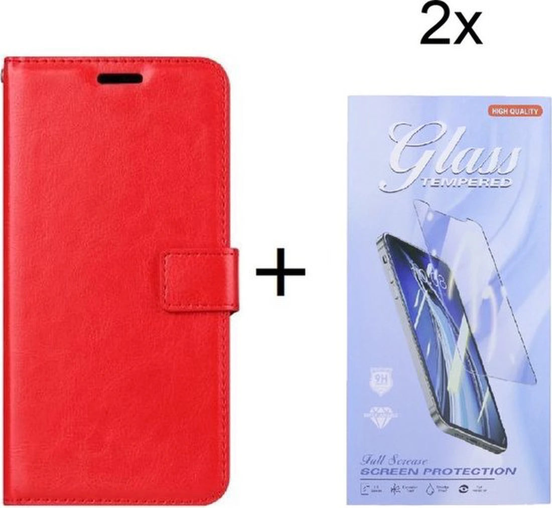 Bookcase Geschikt voor: Samsung Galaxy A05s Rood - Portemonnee hoesje met 2x Glas Screen protector - Book Cover
