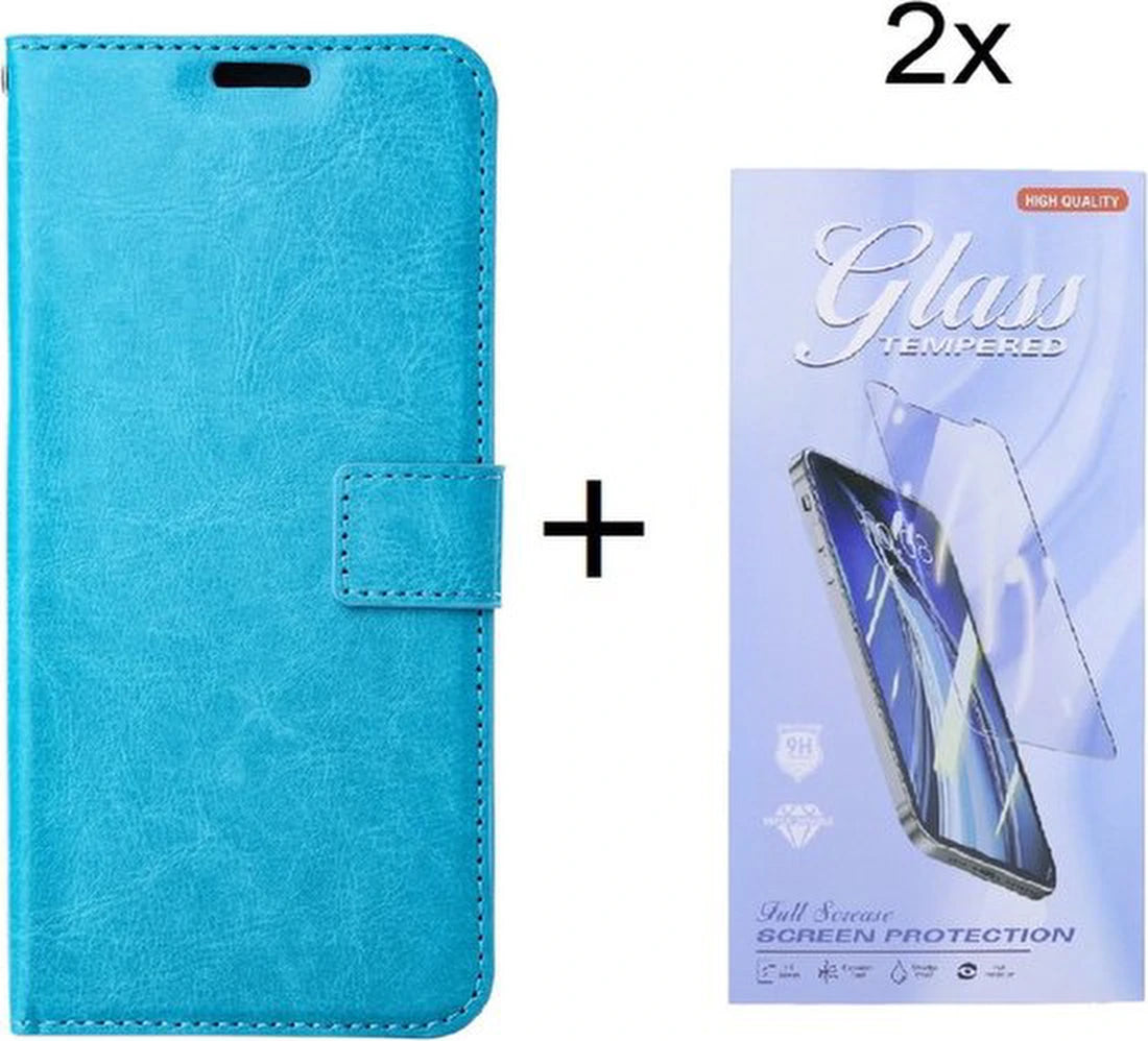 Bookcase Geschikt voor: Samsung Galaxy A05s Turquoise - Portemonnee hoesje met 2x Glas Screen protector - Book Cover