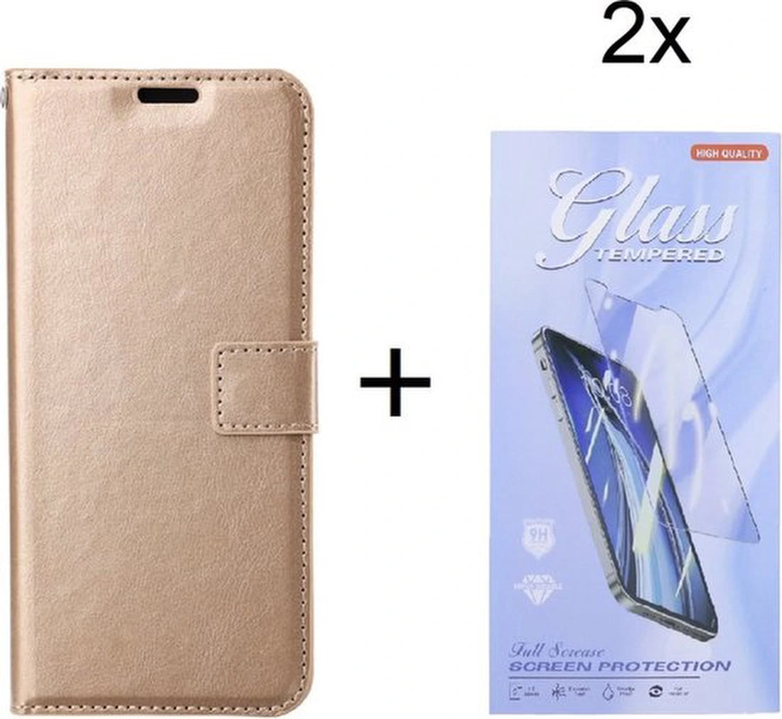 Bookcase Geschikt voor: Samsung Galaxy A15 Goud - Portemonnee hoesje met 2x Glas Screen protector - Book Cover