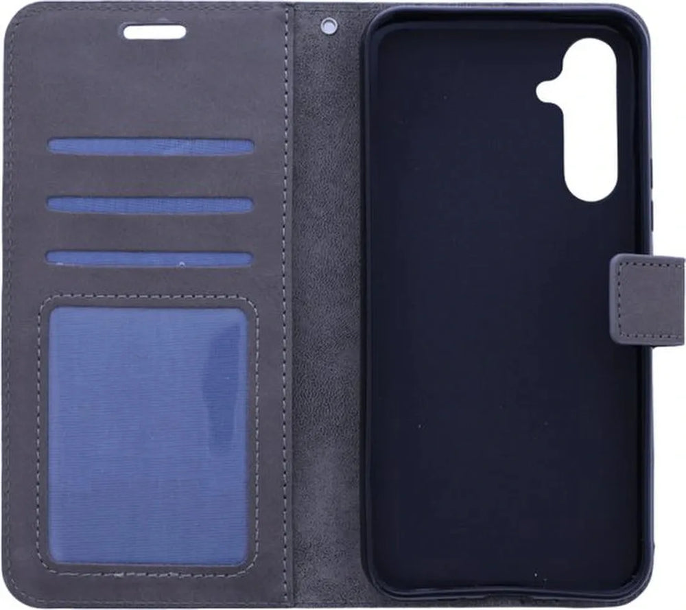 Samsung Galaxy A15 Hoesjes – Portemonnee Bookcase – Magneetsluiting – 2x Gehard Glas Screenprotector – Grijs-Ilumina Benelux