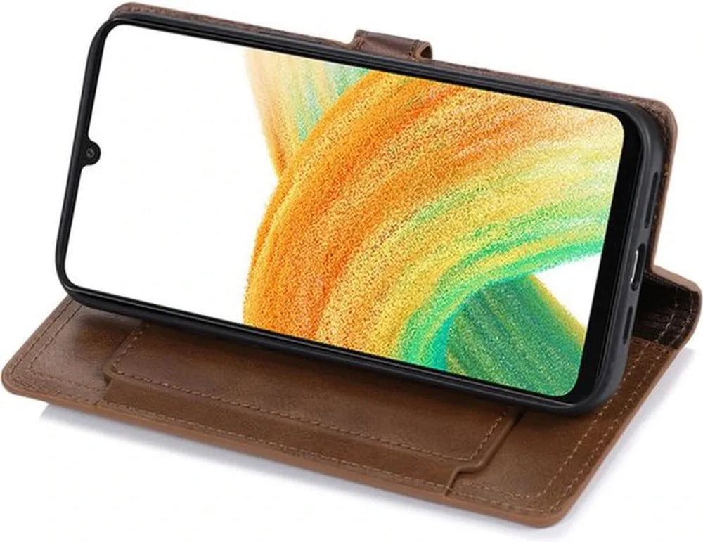 Samsung Galaxy A25 Hoesjes – Bookcase Flipcover – Magneetsluiting – 5x Pasjeshouder – Donkerbruin-Ilumina Benelux