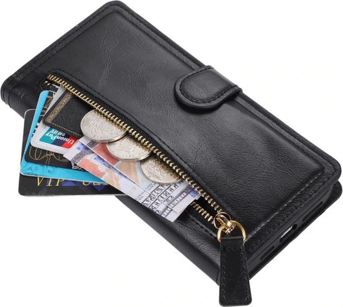 Bookcase Geschikt voor: Samsung Galaxy A05s met ritssluiting - Hoesje Flipcover - Magnetisch - 5 kaarten houder - Zwart