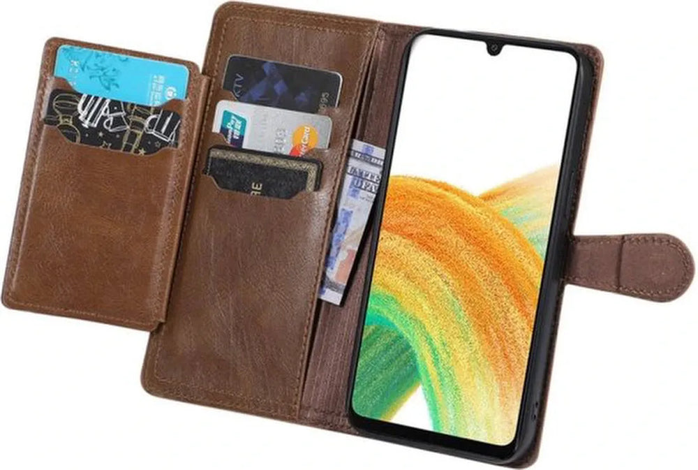 Samsung Galaxy A15 Hoesjes – Bookcase Flipcover – Magneetsluiting – 5 Pasjeshouder – Donkerbruin-Ilumina Benelux
