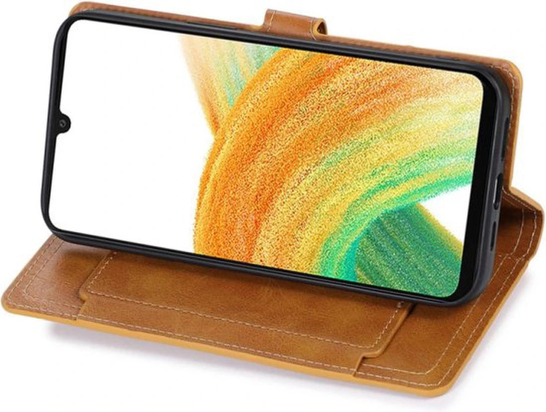 Bookcase Geschikt voor: Samsung Galaxy A05s met ritssluiting - Hoesje Flipcover - Magnetisch - 5 kaarten houder - LichtBruin