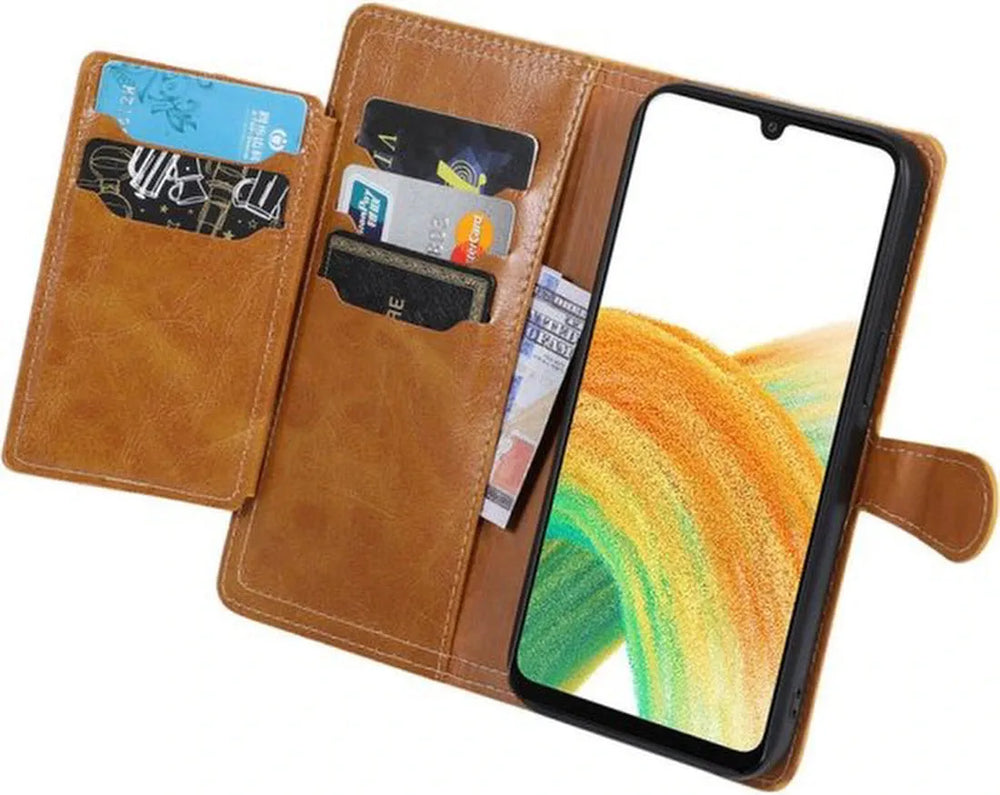 Samsung Galaxy A05s Hoesjes – Bookcase Flipcover – Magneetsluiting – 5 Pasjeshouder – Lichtbruin-Ilumina Benelux
