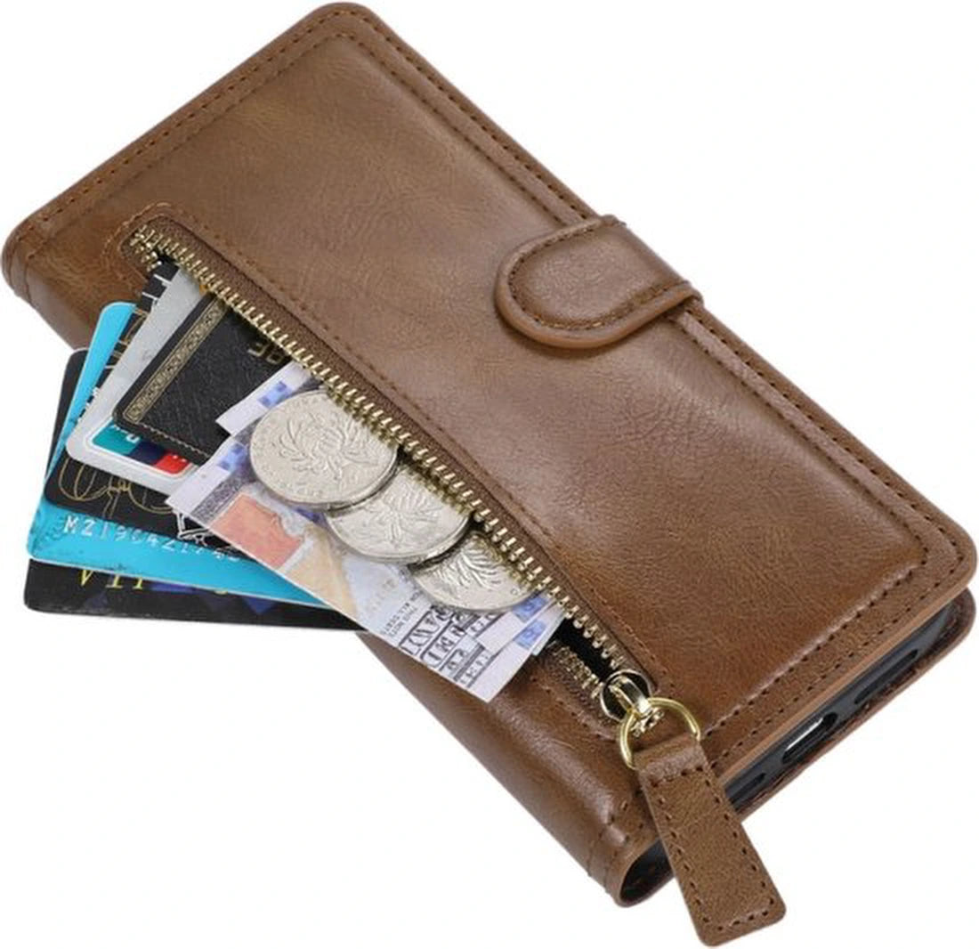 Bookcase Geschikt voor: Samsung Galaxy A05s met ritssluiting - Hoesje Flipcover - Magnetisch - 5 kaarten houder - DonkerBruin