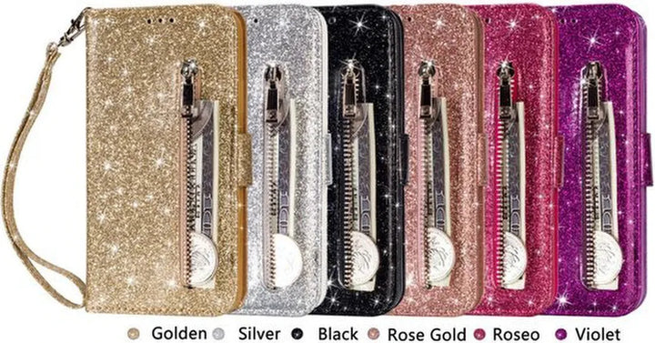 iPhone 11 Hoesjes – Glitter Portemonnee Case – Rits & Koord – Pasjeshouder – Zilver-Ilumina Benelux