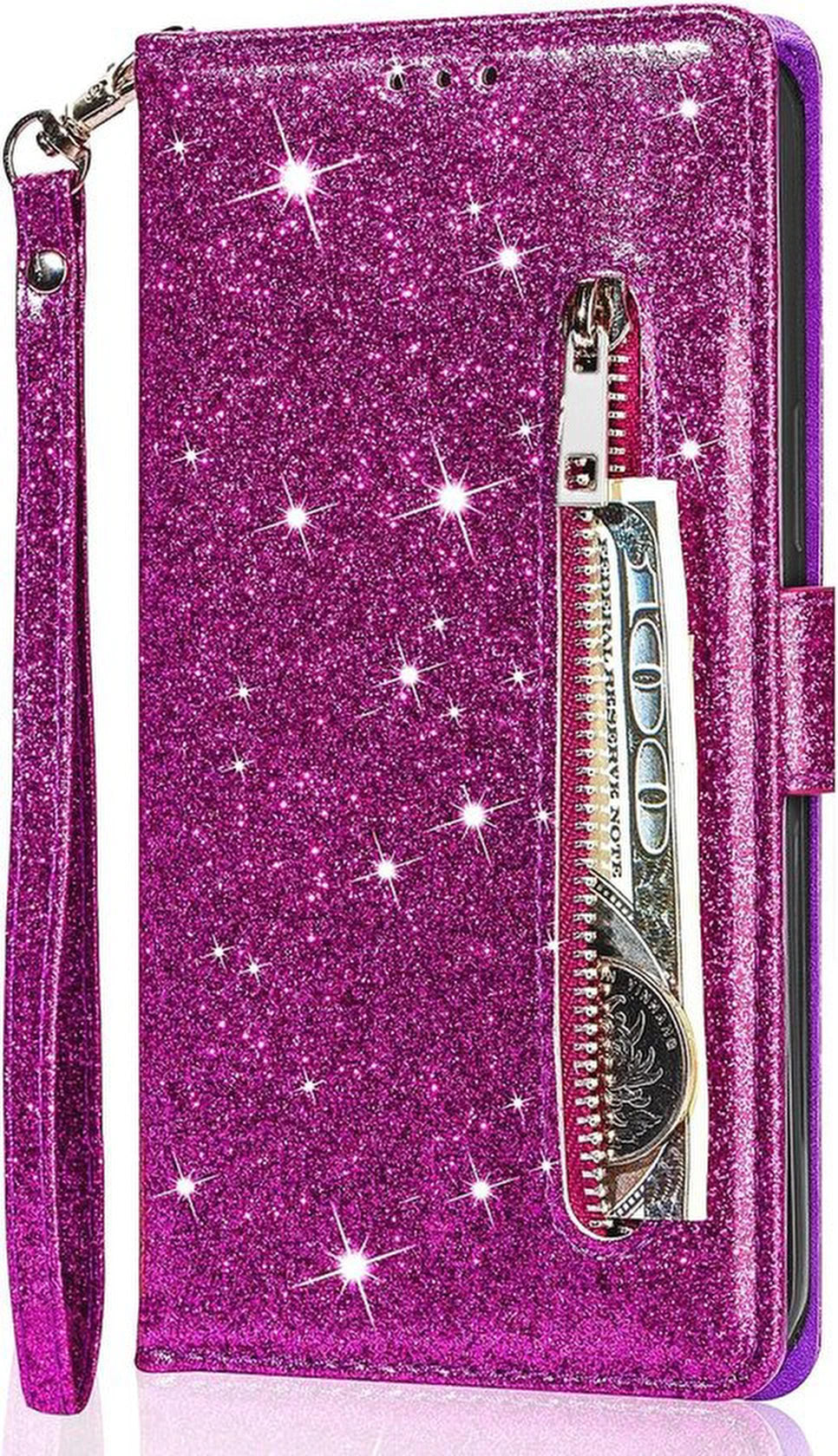 Glitter Wallet Case Geschikt voor: Samsung Galaxy A55 Hoesje met Rits, Koord en Pasjeshouder - Paars
