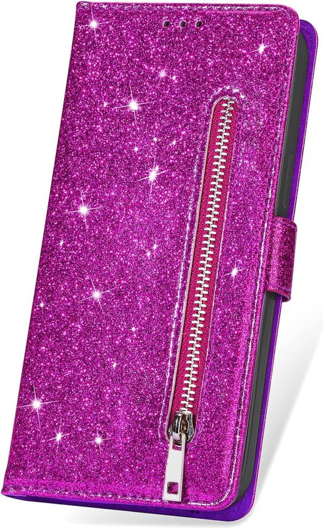 Samsung Galaxy A25 Hoesjes – Glitter Portemonnee Hoes – Rits – Koord – Pasjeshouder – Paars