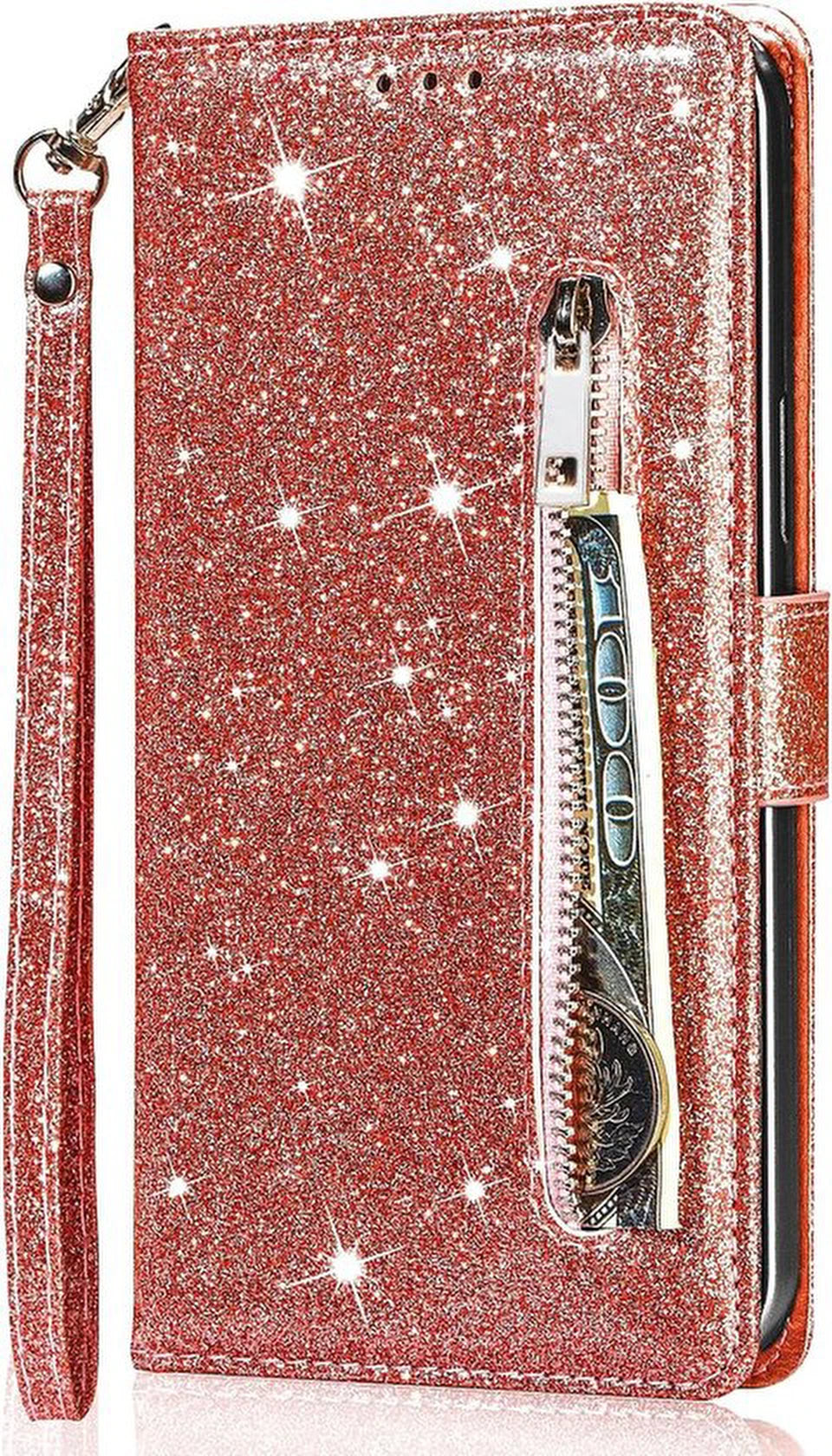 Samsung Galaxy A25 Hoesjes – Glitter Portemonnee Case – Rits, Koord & Pasjeshouder – Roségoud