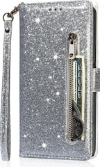 Glitter Wallet Case Geschikt voor: Samsung Galaxy A15 Hoesje met Rits, Koord en Pasjeshouder - Zilver