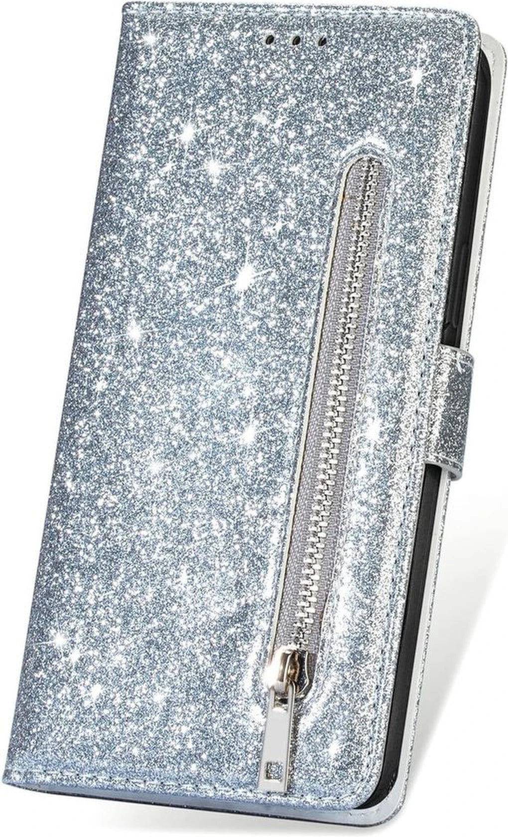 Glitter Wallet Case Geschikt voor: Samsung Galaxy A15 Hoesje met Rits, Koord en Pasjeshouder - Zilver