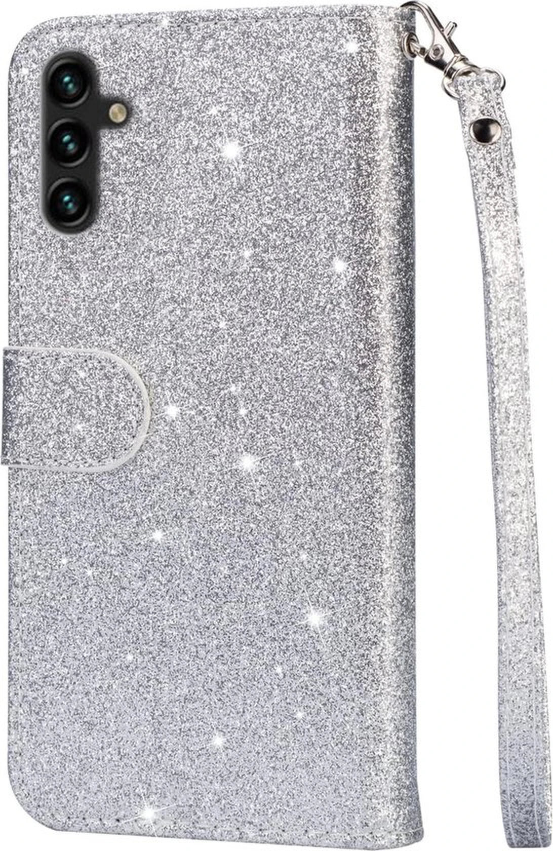 Glitter Wallet Case Geschikt voor: Samsung Galaxy A15 Hoesje met Rits, Koord en Pasjeshouder - Zilver