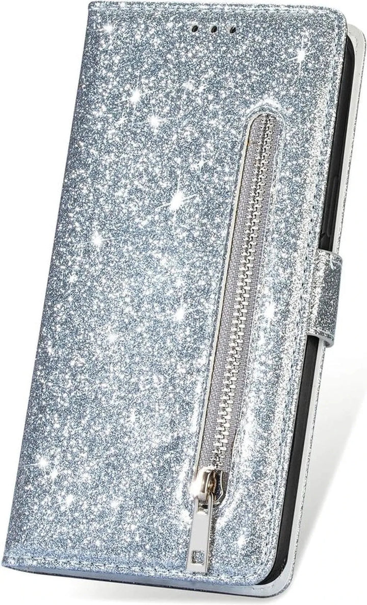 Samsung Galaxy S23 FE Hoesjes – Glitter Portemonnee Case – Rits – Koord – Pasjeshouder – Zilver-Ilumina Benelux