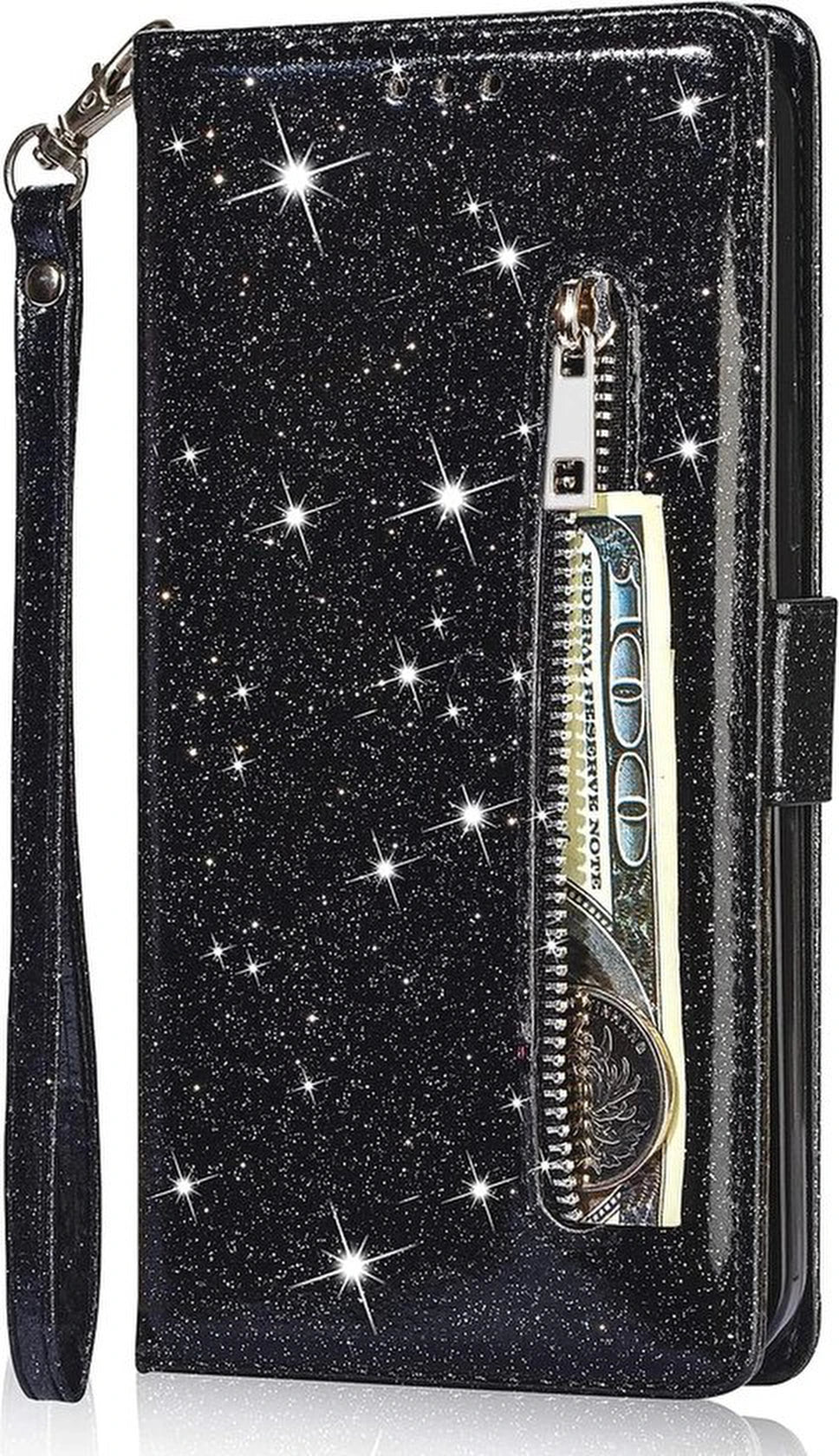 Glitter Wallet Case Geschikt voor: Samsung Galaxy A05s Hoesje met Rits, Koord en Pasjeshouder - Zwart