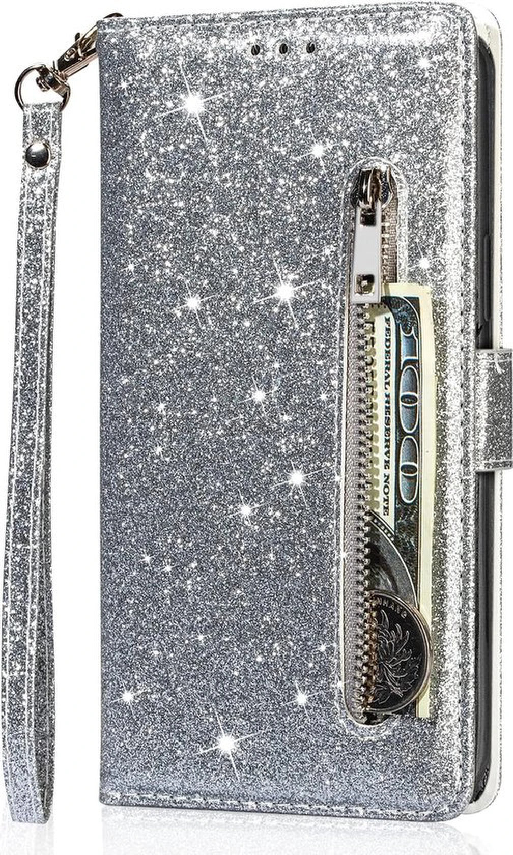 Glitter Wallet Case Geschikt voor: Samsung Galaxy A05s Hoesje met Rits, Koord en Pasjeshouder - Zilver